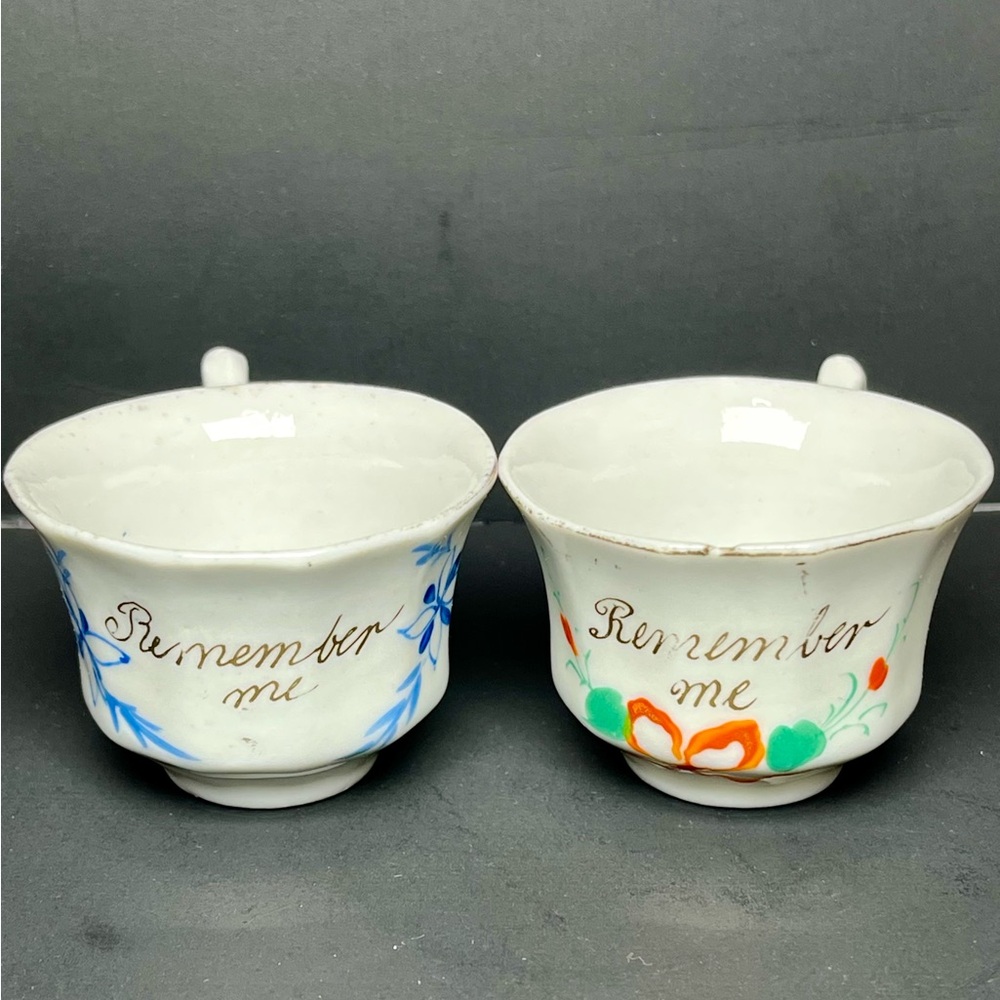 Two Miniature Porcelain Tea Cups “ Remember Me” Childs Play Teacups